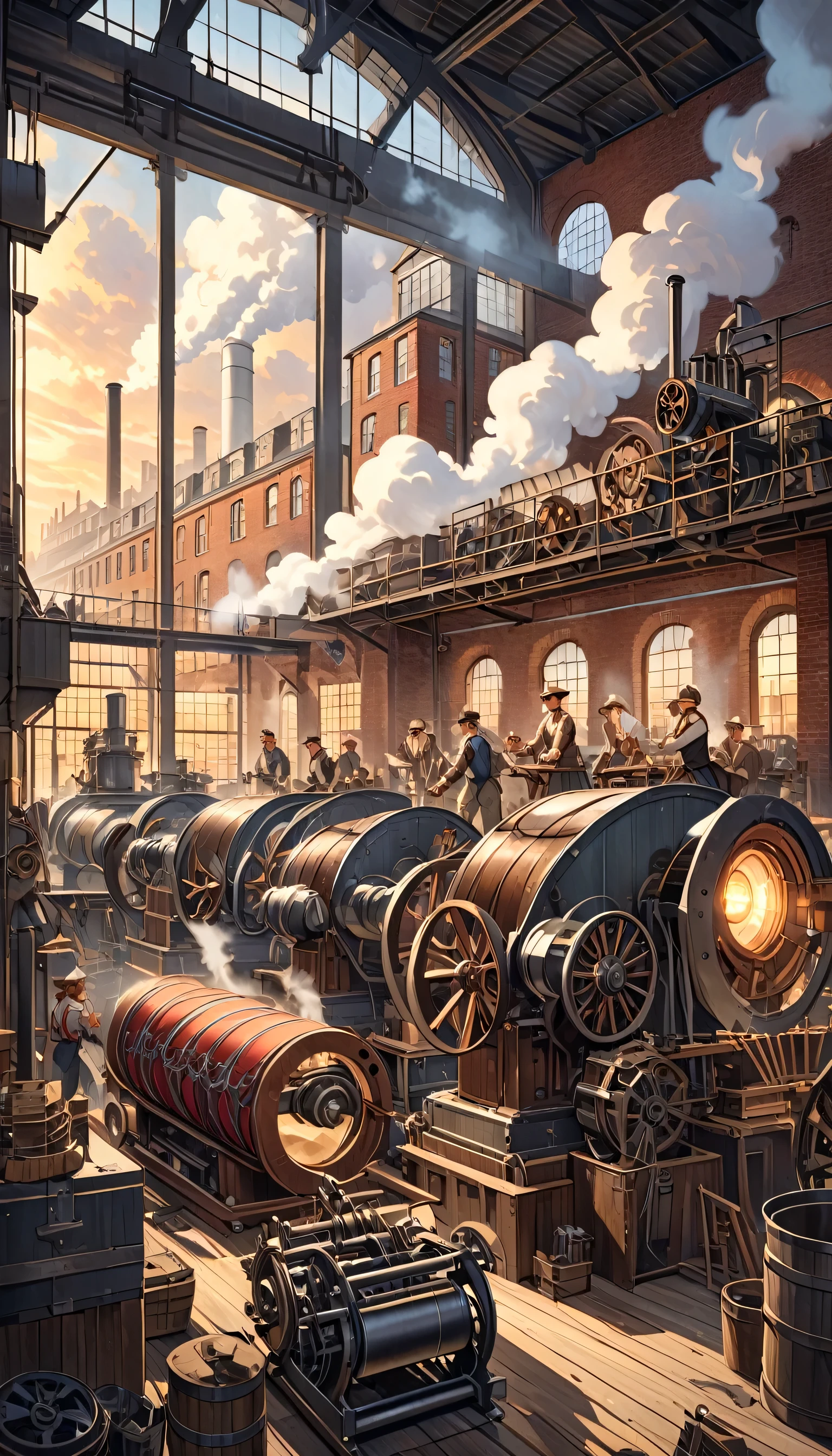 Create a detailed illustration of an 18th-century textile mill in England. The image should capture the atmosphere of the Industrial Revolution, showing the first mechanized industry producing fabrics. Use historical and technological elements of the time, such as steam engines, the Spinning Jenny, and workers in action. Include details that demonstrate mechanization and increased productivity. Textile Mill: Show a large industrial structure with multiple windows and smokestacks billowing out smoke.
Steam Engines: Include the Spinning Jenny and other machines of the time. Workers: People operating the machines and moving around the factory space. Setting: Use colors and lighting that reflect the interior of a busy factory and the industrial cityscape in the background. Artistic Style: A mix of historical illustration and detailed realism to capture the essence of the time and convey the impact of the Industrial Revolution.
