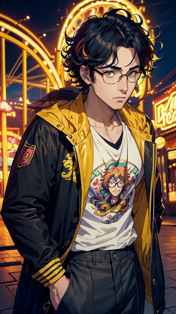 ((masterpiece, best quality)), ((anime man in the amusement park, vibrant coloring)) (1man, 20s years old), (solo, half body), (male focus, mature male), (multicolor hair, curly hair),yellow eyes, detailed eye, ((black coach jacket, glasses)), portraits, dramatic lighting