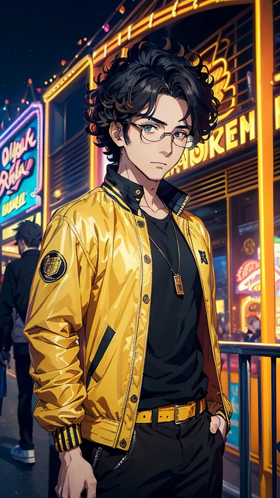 ((masterpiece, best quality)), ((anime man in the amusement park, vibrant coloring)) (1man, 20s years old), (solo, half body), (male focus, mature male), (multicolor hair, curly hair),yellow eyes, detailed eye, ((black coach jacket, glasses)), portraits, dramatic lighting