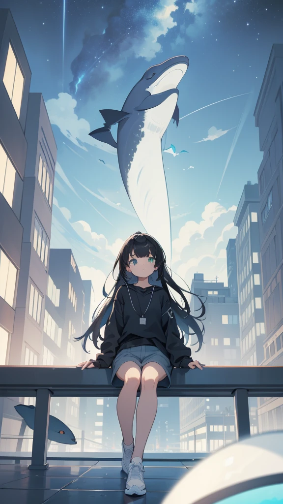 masterpiece, Exquisite detail,Highest quality, One girl, alone, handrail, cloud, Looking up at the buildings,Long Hair, NULL, Long sleeve, Power lines, White footwear, Black Hair, View your viewers, Electric pole, bangs, cloudy NULL, fish, bird, Green Eyes, Shorts, Day, Black Shirt, barefoot,Whale flying in the sky,Giant whale,night,star,milky way,night,Pitch black,Buildings,Sitting