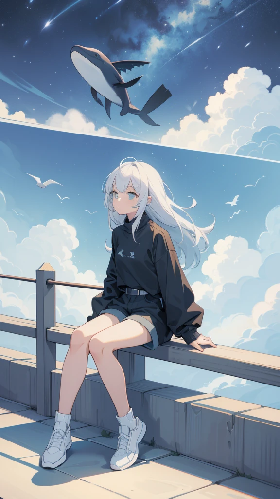 masterpiece, Exquisite detail,Highest quality, One girl, alone, handrail, cloud, Looking up at the buildings,Long Hair, NULL, Long sleeve, Power lines, White footwear, Black Hair, View your viewers, Electric pole, bangs, cloudy NULL, fish, bird, Green Eyes, Shorts, Day, Black Shirt, barefoot,Whale flying in the sky,Giant whale,night,star,milky way,night,Pitch black,Buildings,Sitting