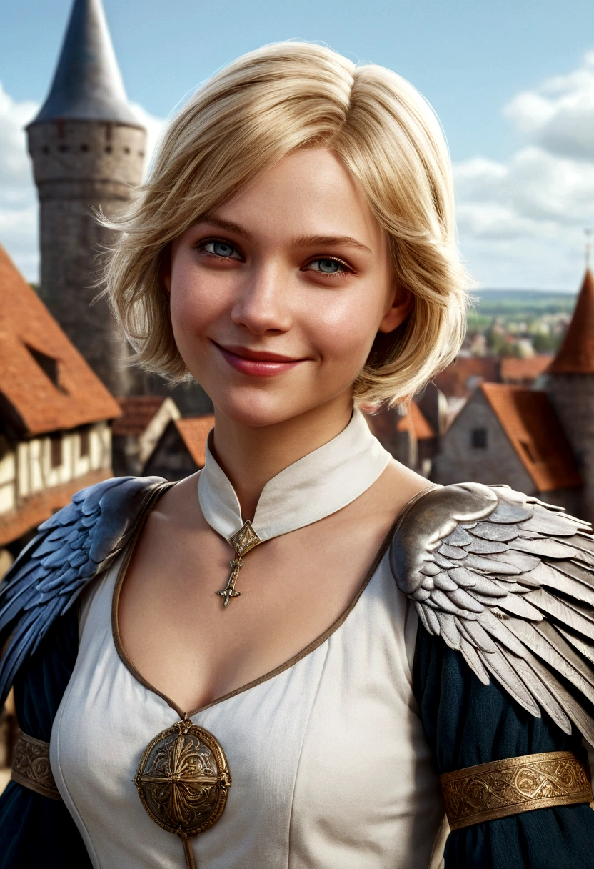 1 girl, fantasy, 30 years, she is wearing medieval clothes, she has blond bobcut hair, she has grey eyes, she is smiling, town in the background, fantasy, realistic, detailed face, she has one angelic big wing white, looking away