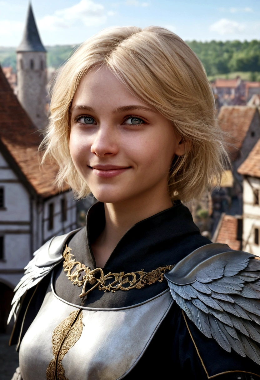 1 girl, fantasy, 30 years, she is wearing medieval clothes, she has blond bobcut hair, she has grey eyes, she is smiling, town in the background, fantasy, realistic, detailed face, she has one angelic big wing white, looking away