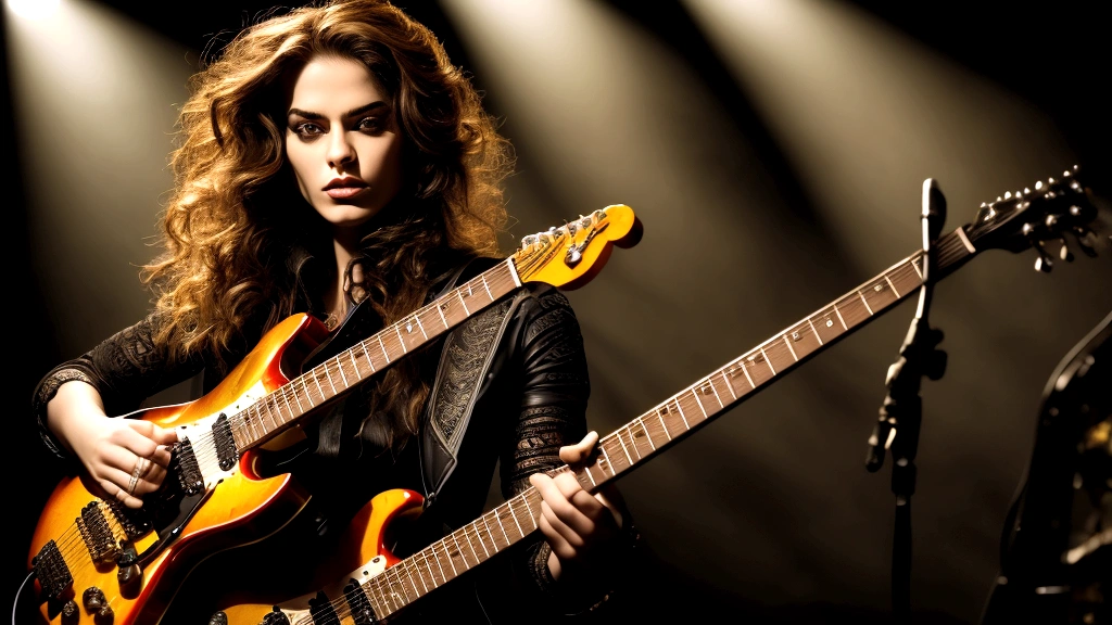 Guitarist playing electric guitar, Detailed facial features, Intricate guitar details, Dramatic lighting, Gloomy atmosphere, Structure of the film, oil, Vibrant colors, Dramatic Shadows, Accomplished musician, intense expression, Dynamic pose, Studio settings, Professional Quality, masterpiece, Highest quality, so beautiful,
