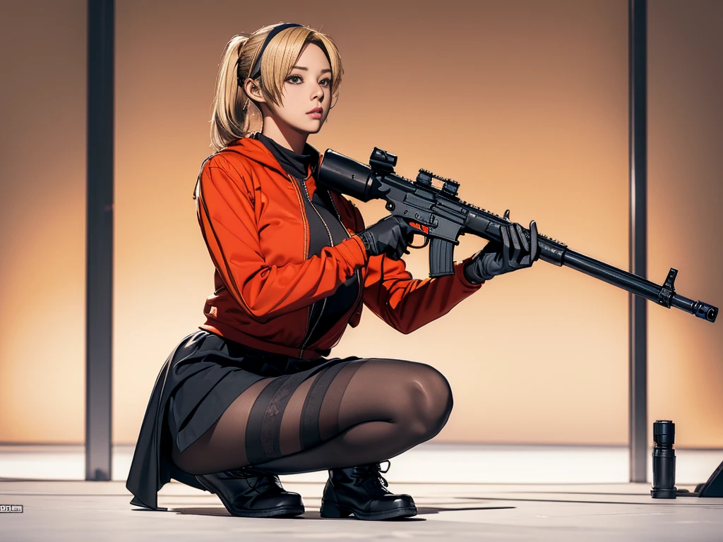 Elaizaikedareal, 1girl, solo, short hair, skirt, blonde hair, red eyes, gloves, ponytail, weapon, pantyhose, hairband, boots, holding weapon, gun, black pantyhose, rifle, one knee, sniper rifle, scope, shell casing