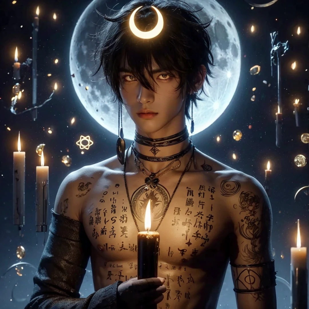 Handsome boy, black hair, bright white eyes, crescent moon on his head, holding black candle, full moon background