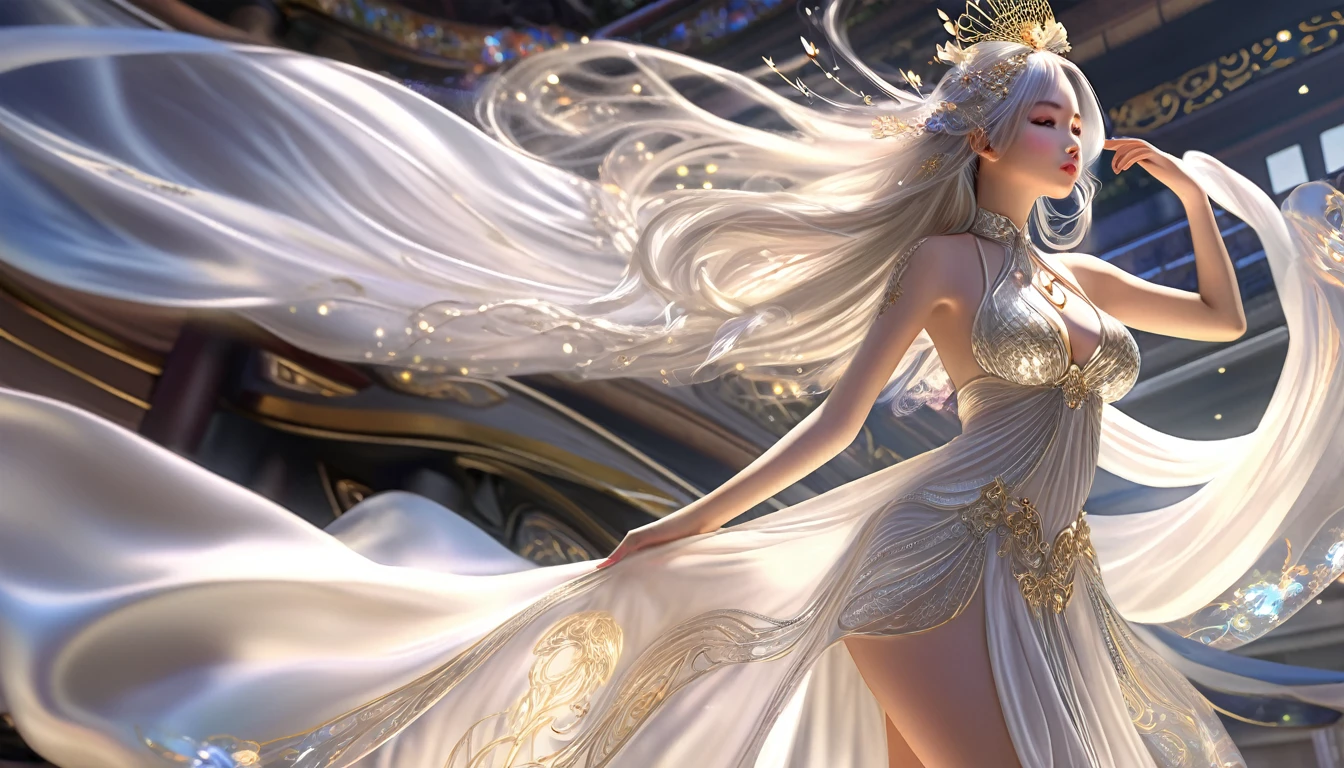 Woman in transparent dress,Viewer,(((Full breasts, Keeley University))),Slim waist,(Navel exposed,Bare waist), Long hair, extreme detailed details, Detailed fantasy art, Stunning character art, Beautiful and exquisite character art, Beautiful transparent dress, Very detailed, Girl wearing flowing Hanfu, Exquisite headpieces and jewellery,Crystal jewelry filigree, galaxy, Stunning visuals, (Dynamic Stripes, light rail:1.2), Vibrant colors,Long hair动漫女孩和狐狸, 美丽的白金色Angel女士, 白毛Angel, Beautiful character painting, Beautiful anime portrait, Angel翅膀的女孩, a beautiful Angel woman, Mystical artwork, Guweiz, by Ren Renfa, Angel, Large Breasts，Full breasts，Golden ratio figure，Perfect body，Ultra wide-angle shooting，Full body shot，Body close-up，Full body shot，Wearing a pleated tulle skirt，Soft anime illustration, Soft dark background，Fujifilm XT3 Clear focus, f 5.6, High Detail, Clear focus, Dramatic, (Wearing openwork clothing), (Looking at the audience:1.8), (Natural light), (Tempting)translucent, Good velvet quality, Compared, Divine Light,, Silver gray hair, Sky background, Absolute Strength,女性Angel，Girl in sexy silk,，Large Breasts，Full breasts，Golden ratio figure，Perfect body，Ultra wide-angle shooting，Full body shot，Body close-up，Full body shot， Wearing a tulle dress, Model shooting style, Large Breasts，Full breasts，Golden ratio figure，Perfect body，(Extremely detailed CG 8k wallpaper unit), The most beautiful artistic photos in the world, , 8K Ultra HD, ) On the big white bed，Lazy gesture，Charming and seductive expression，best quality,masterpiece,Ultra-high resolution,(Practical:1.4),original photo,Ultra-high resolution，White skin，Exquisite makeup，Long legs，Bright beautiful eyes，用深色眼影打造Exquisite makeup，