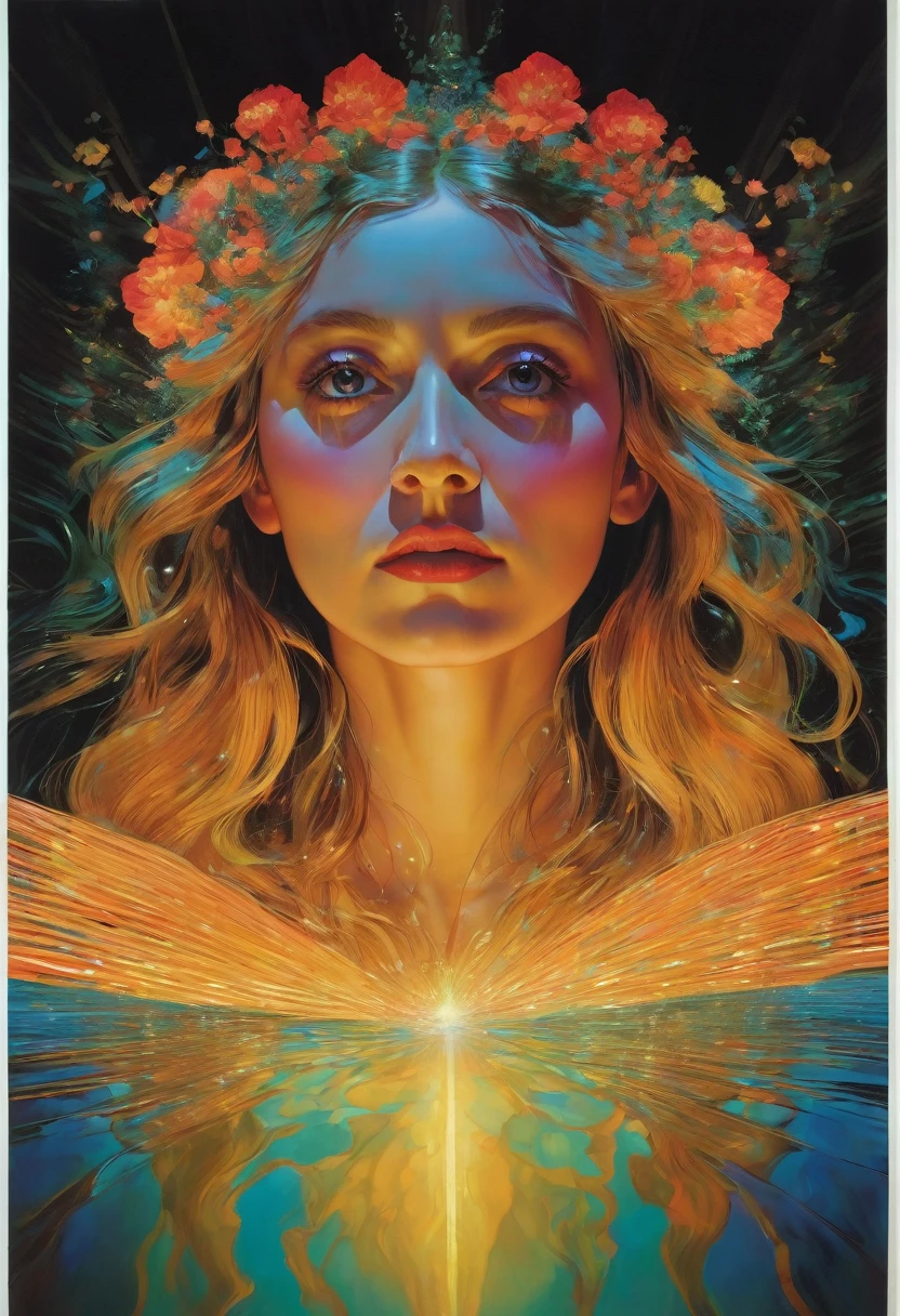 (front focus), (in the dark:1.6), Surrealistic Portraits of Women by David Hockney and Alphonse Mucha, fantasy art, Realistic photos, dynamic light, art station, poster, Volumetric light, face