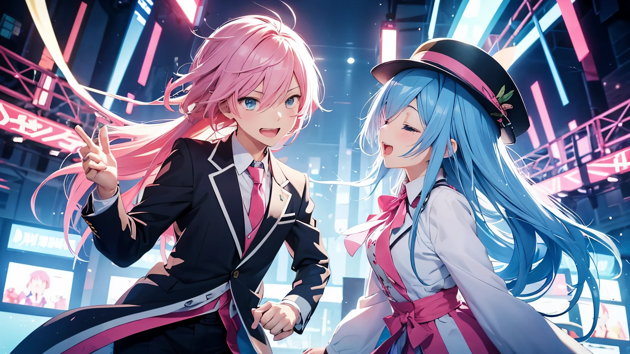 Anime style illustration with a vibrant city background similar to Shibuya. The main characters are a girl with long blue hair and blue eyes wearing a  with a pink tie, and a boy with short blue hair wearing a white suit and hat. In this image, the boy is singing into a microphone, eyes closed and passionately involved in the song, while the girl is looking at him with a smile. The background remains colorful with musical notes floating around."