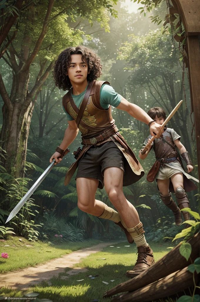 Here is a more detailed description of Chapter 1, Page 1:
Page 1:
- The page opens with a colorful illustration of a sunny forest, with trees, flowers, and a few birds flying in the sky.
- In the center of the page, we see Arin, a young boy with curly brown hair and bright green eyes, playing with a wooden sword and shield.
- He is surrounded by his friends, a group of children laughing and playing together.
- Arin is wearing a makeshift armor made of leaves and twigs, and his friends are cheering him on as he battles an imaginary foe.
- The illustration is done in a whimsical style, with exaggerated expressions and dynamic poses.
- The text reads: "Arin, son of Lila and Thorne, was a boy with a sense of adventure and a heart full of wonder."
Let me know if you'd like me to continue with the next page!