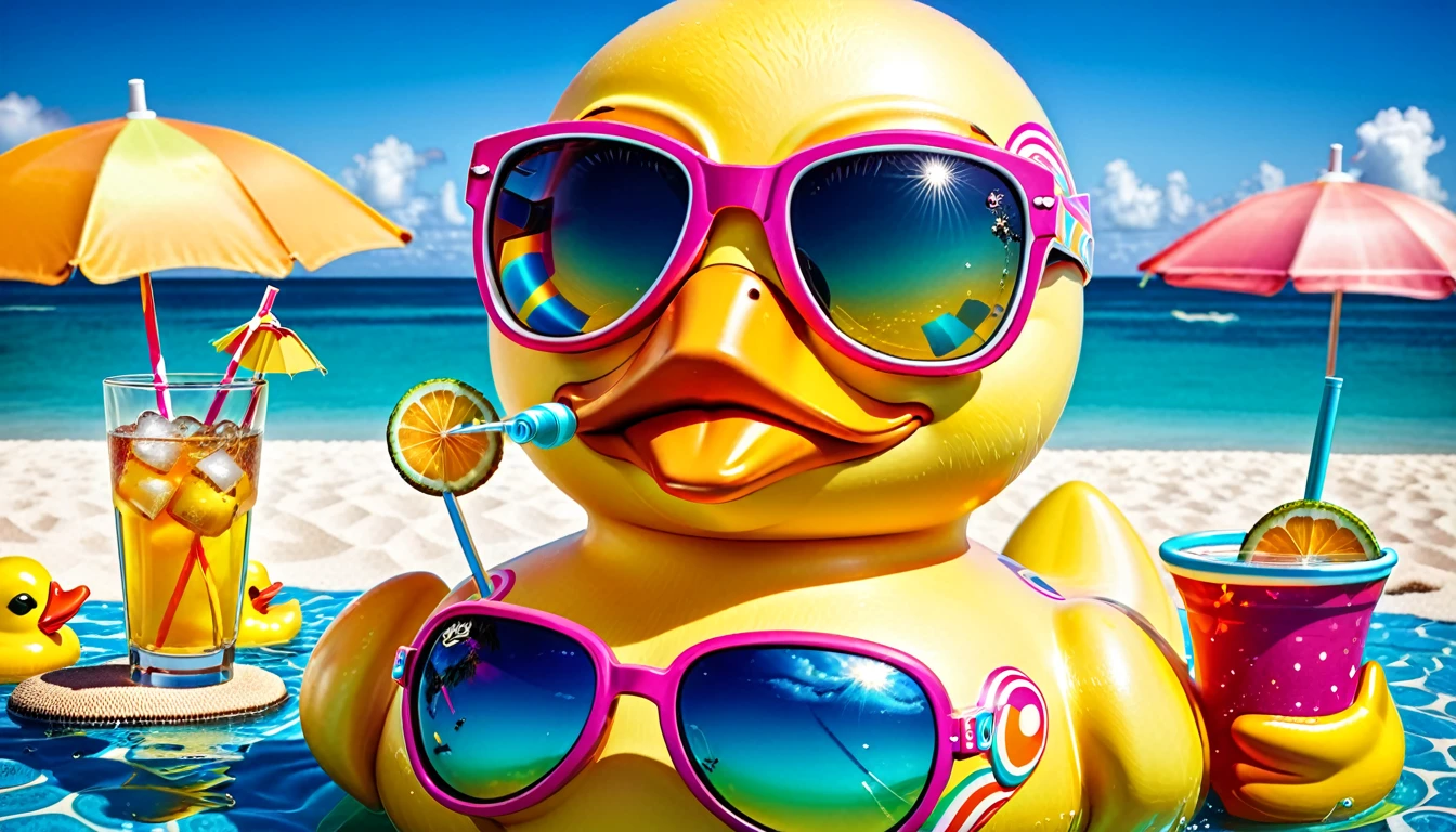a close up of a rubber duck with sunglasses and a drink, fantasy duck concept portrait, robot duck concept portrait, rubber duck, summer time, rubber ducky, in style of lisa frank, summer swimming party, stylized digital illustration, lisa frank style, kathy zyduck, smooth 3d illustration, smooth 3 d illustration, tropical paradise, summer vibes, beach