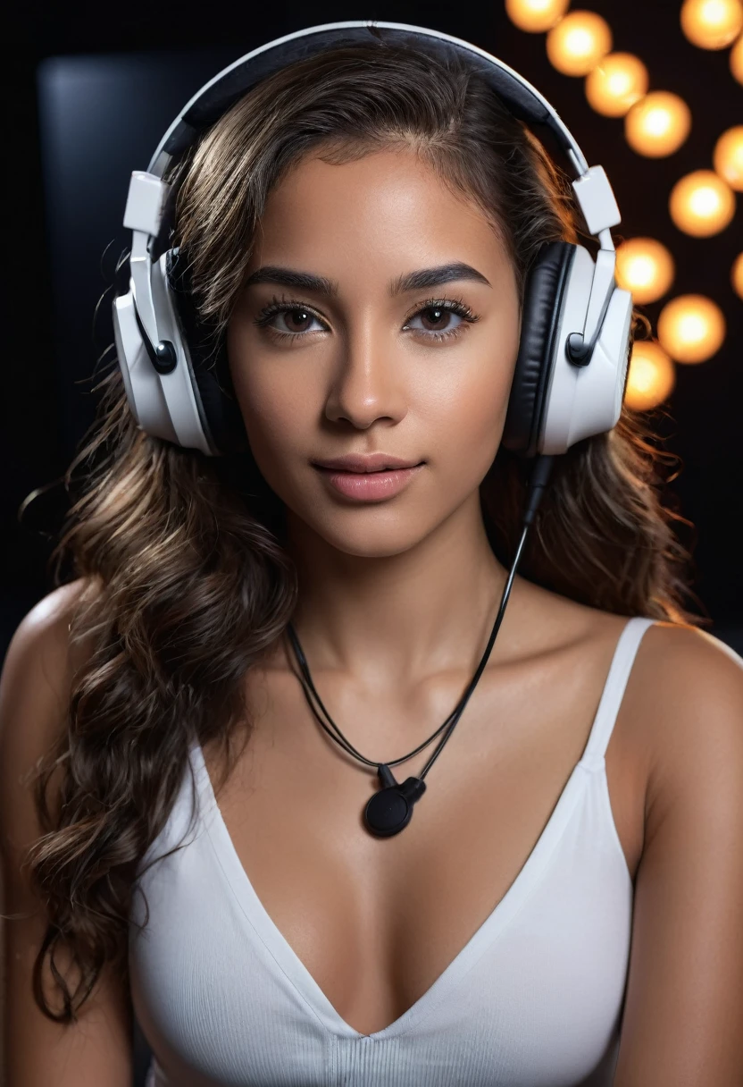 8k, beautiful mixed girl with long slightly wavy hair, clear grey eyes, wearing white short top, sweet chest, black recording headset, surrounded by black recording studio with black recording microphone, dramatic lighting, (best quality,4k,8k,highres,masterpiece:1.2),ultra-detailed,(realistic,photorealistic,photo-realistic:1.37),portrait,landscape,studio lighting,vivid colors,bokeh