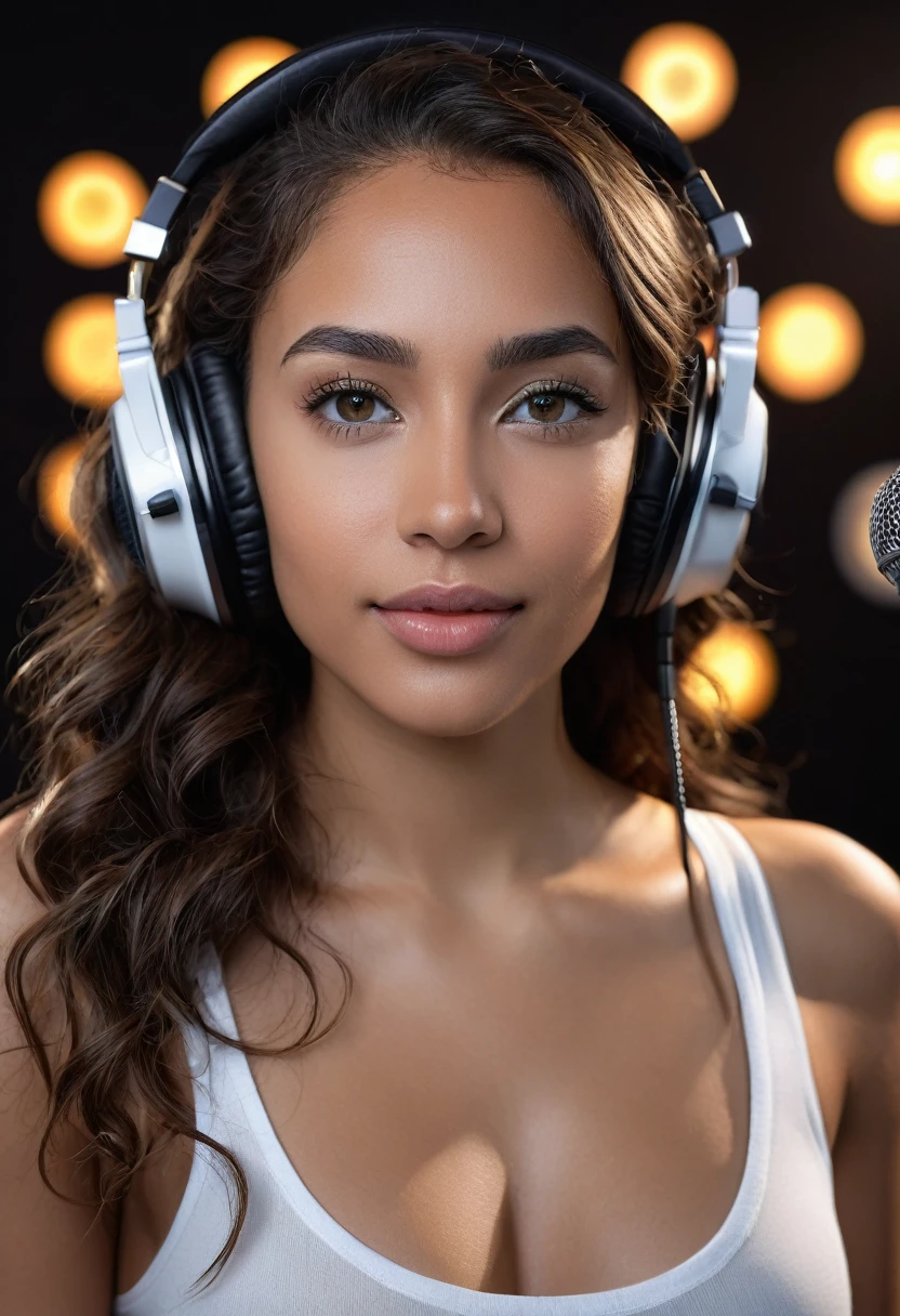 8k, beautiful mixed girl with long slightly wavy hair, clear grey eyes, wearing white short top, sweet chest, black recording headset, surrounded by black recording studio with black recording microphone, dramatic lighting, (best quality,4k,8k,highres,masterpiece:1.2),ultra-detailed,(realistic,photorealistic,photo-realistic:1.37),portrait,landscape,studio lighting,vivid colors,bokeh
