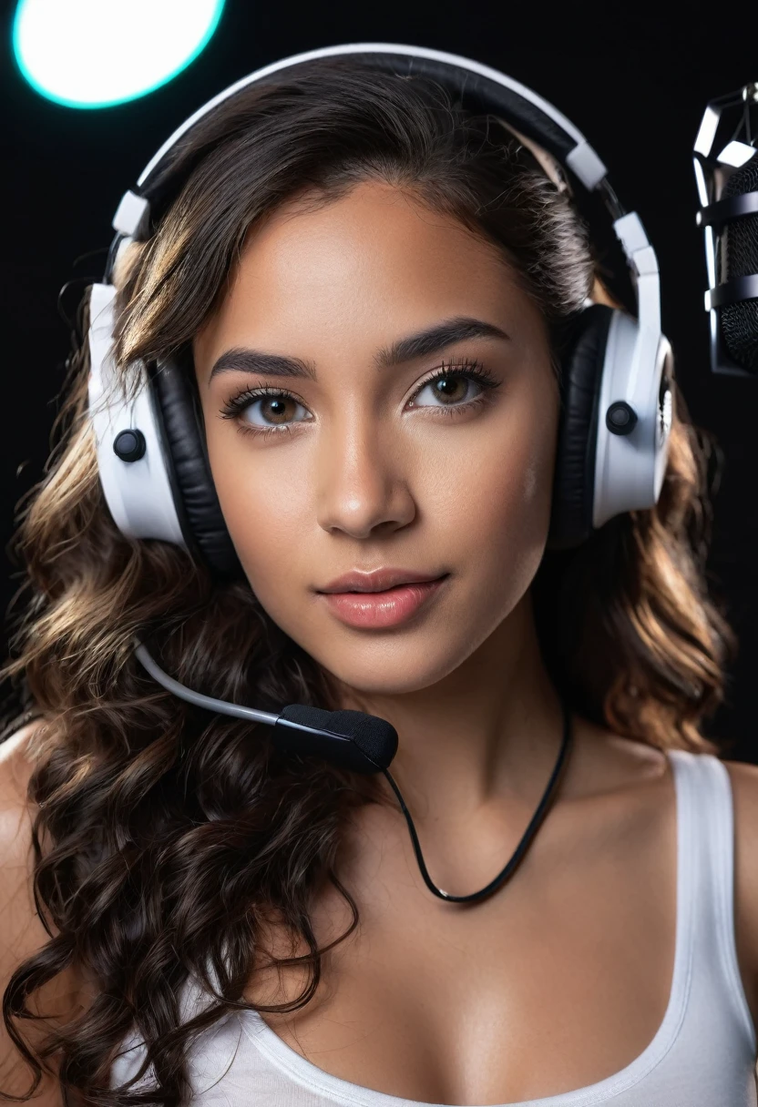 8k, beautiful mixed girl with long slightly wavy hair, clear grey eyes, wearing white short top, sweet chest, black recording headset, surrounded by black recording studio with black recording microphone, dramatic lighting, (best quality,4k,8k,highres,masterpiece:1.2),ultra-detailed,(realistic,photorealistic,photo-realistic:1.37),portrait,landscape,studio lighting,vivid colors,bokeh