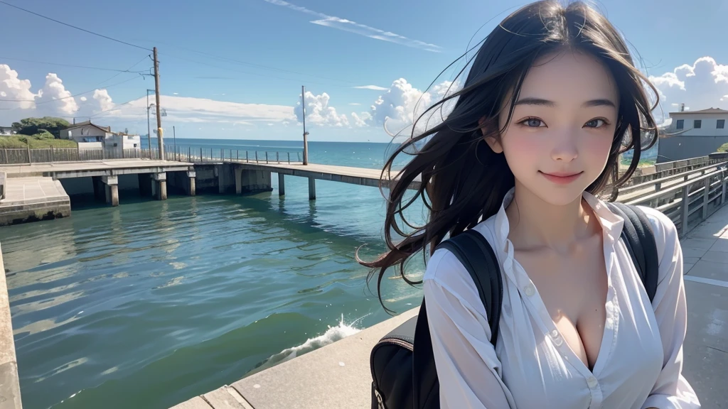 8K、RAW Photos、Highest quality、Super detailed、Super Resolution、Ultra HD、8K壁紙、Amazing details
(Rural seaside station)、(Station platform by the sea)、A 16-year-old high school girl waiting for a train on the station platform、Shining Sun、Blue sky、School bag、smile、Midsummer Sun、You can see the ocean

(Emphasize cleavage)

