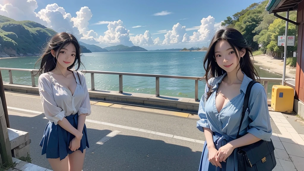 8K、RAW Photos、Highest quality、Super detailed、Super Resolution、Ultra HD、8K壁紙、Amazing details
(Rural seaside station)、(Station platform by the sea)、A 16-year-old high school girl waiting for a train on the station platform、Shining Sun、Blue sky、School bag、smile、Midsummer Sun、You can see the ocean
(Emphasize cleavage)