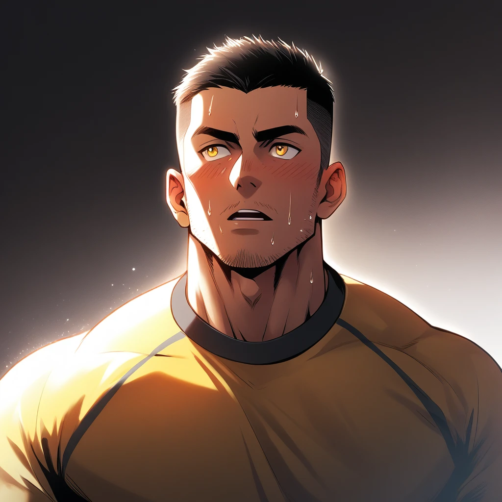 1muscular sportsman, male focus, Short Hair, Yellow and black tight T-shirt, Very tight, muscular male, muscular, only, Upper body, alone, look to the side, short hair, stubble, sweat, black hair, Yellow eyes, open lips, White background, simple background, amazing quality, best aesthetics, Ridiculous, crew cut, moaning, blush, chiaroscuro, cinematic lighting, best quality, textured skin