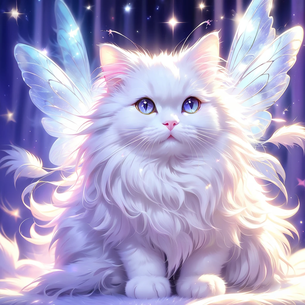 Cat Fairy。Fluffy fur。Beautiful appearance。Surrounded by white light。