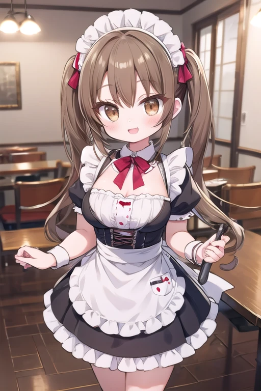 Solo Girl, 16 years old,, Twin tail hair, Light brown hair, Brown eyes, Center of chest, Highest quality, High resolution, Very detailed, Detailed Background, Perfect lighting、Inside the maid café、Are standing,Holding an omelet,Put on the table,Cute maid outfit、very cute,Large Breasts,Cute eyes,Puffy eyes,smile,