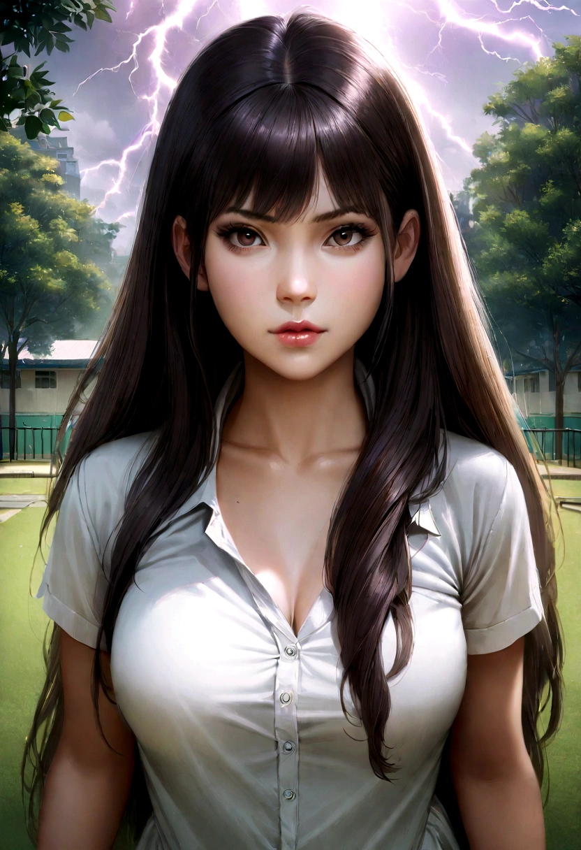 1 girl, medium , long hairs, beautiful face, standing position, in school park, sexy, realistic lightning,