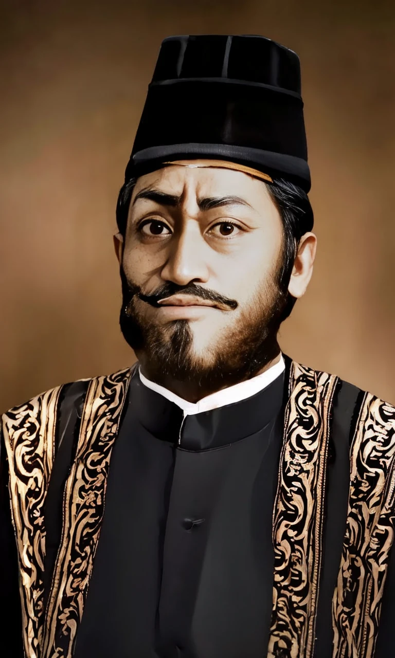 Indonesian Muslim man, brave king, wearing kanigaran clothing complete with black head covering, aged 40 years or over, brownish wrinkled skin, thick mustache and beard, long eyebrows, thin lips, closed mouth, thick black hair, big glaring eyes , Detailed Realistic HD Photos.