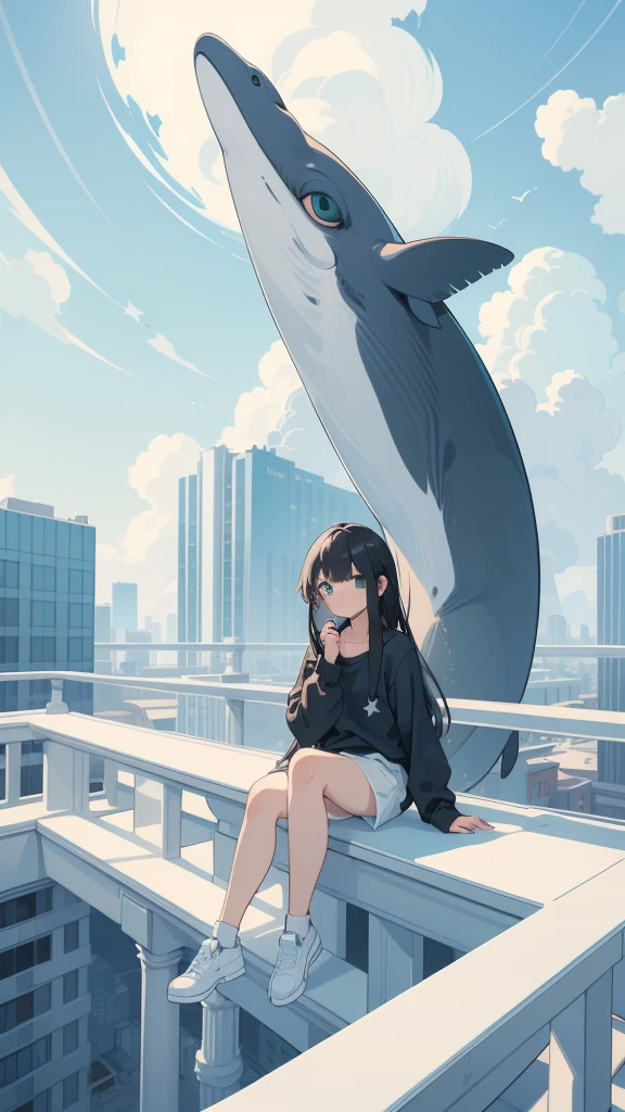 masterpiece, Exquisite detail,Highest quality, One girl, alone, handrail, cloud, Looking up at the buildings,Long Hair, NULL, Long sleeve, Power lines, White footwear, Black Hair, View your viewers, Electric pole, bangs, cloudy NULL, fish, bird, Green Eyes, Shorts, Day, Black Shirt, barefoot,Whale flying in the sky,Giant whale,night,star,milky way,night,Pitch black,Buildings,Sitting