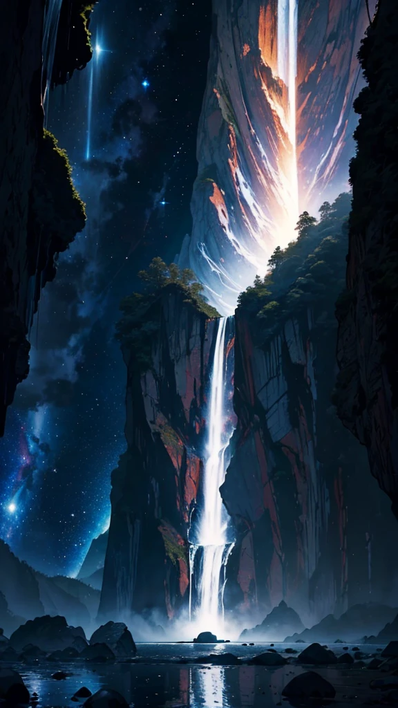 ((masterpiece, best quality)), (super large waterfall with black hole beneath it, cosmic, asteroids, retro coloring, morning, )), dramatic lighting