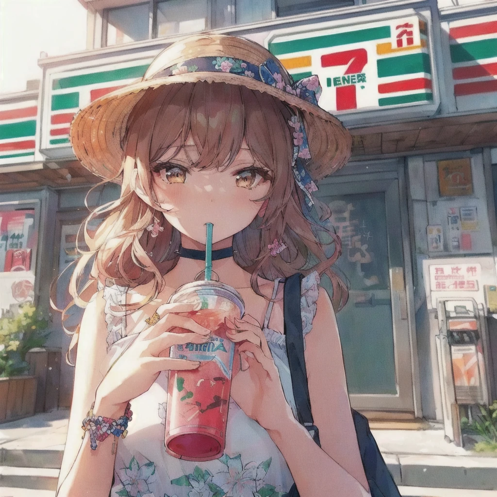 Anime girl drinking a drink outside a convenience store,Glaring,Angry expression,Seven-Eleven,7-11,Soda themed girl, Anime girl drinking juice, 80s anime style,Lofi, 4k anime wallpaper, Lo-fi Girl, artwork in the style of Gwaiz, 4K Manga Wallpapers, Cute girl anime visuals, anime wallpaper 4k, anime wallpaper 4k, Gwaiz