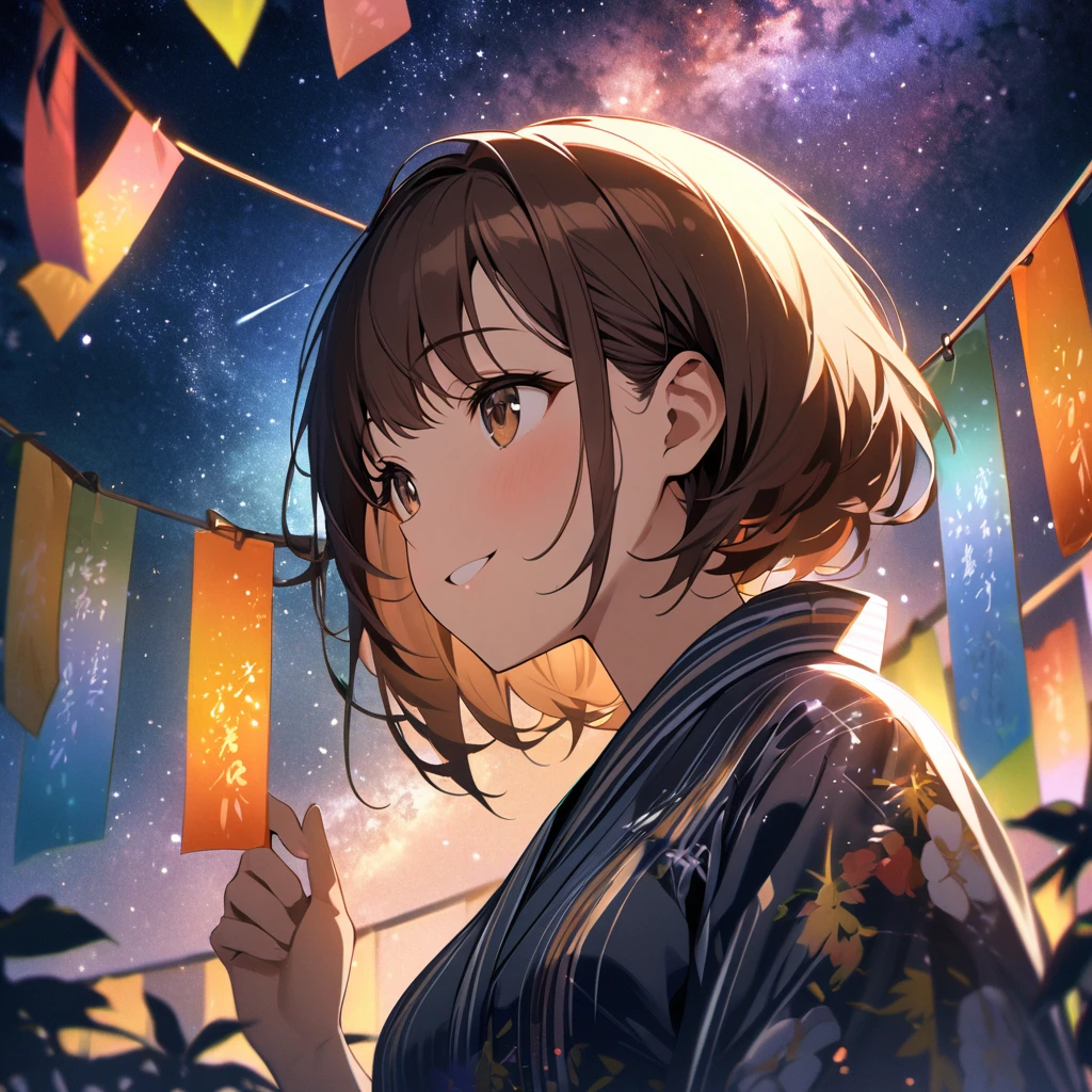 Highest quality, masterpiece, The girl who grants wishes,Brown Hair,Brown eyes,Double exposure, The best smile, Look up at the sky, yukata, milky way, Night view, Tanabata Festival, Large bamboo and colorful hanging ornaments,Golden light particle effect