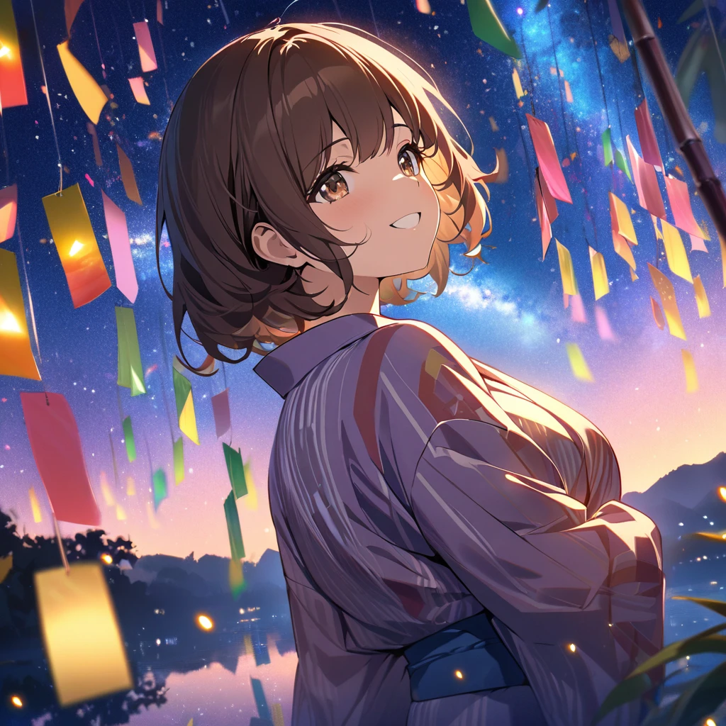 Highest quality, masterpiece, The girl who grants wishes,Brown Hair,Brown eyes,Double exposure, The best smile, Look up at the sky, yukata, milky way, Night view, Tanabata Festival, Large bamboo and colorful hanging ornaments,Golden light particle effect