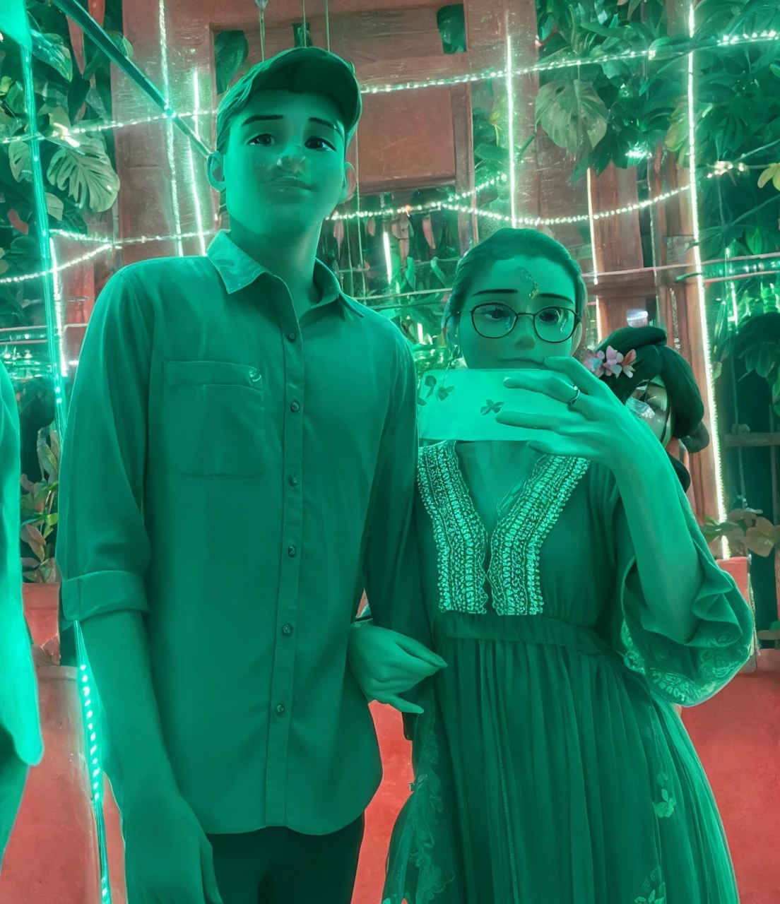 a beautiful young couple in a lush tropical garden, romantic summer date, detailed facial features, delicate skin, flowing hair, elegant dress and suit, warm lighting, colorful flowers, butterflies, dreamlike atmosphere, photorealistic, intricate details, vibrant colors, masterpiece, high quality