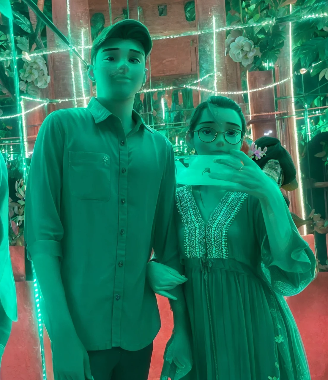 a beautiful young couple in a lush tropical garden, romantic summer date, detailed facial features, delicate skin, flowing hair, elegant dress and suit, warm lighting, colorful flowers, butterflies, dreamlike atmosphere, photorealistic, intricate details, vibrant colors, masterpiece, high quality