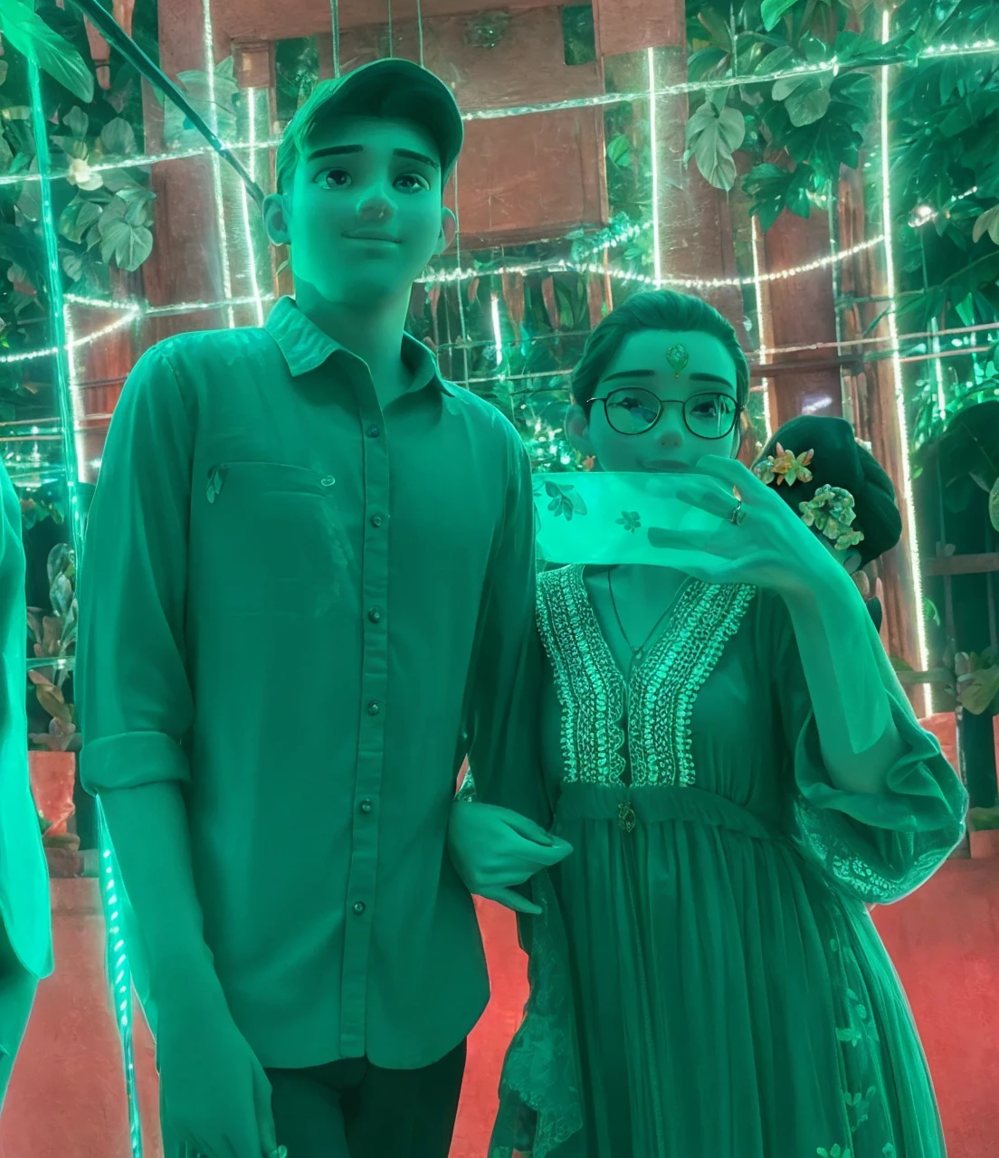 a beautiful young couple in a lush tropical garden, romantic summer date, detailed facial features, delicate skin, flowing hair, elegant dress and suit, warm lighting, colorful flowers, butterflies, dreamlike atmosphere, photorealistic, intricate details, vibrant colors, masterpiece, high quality
