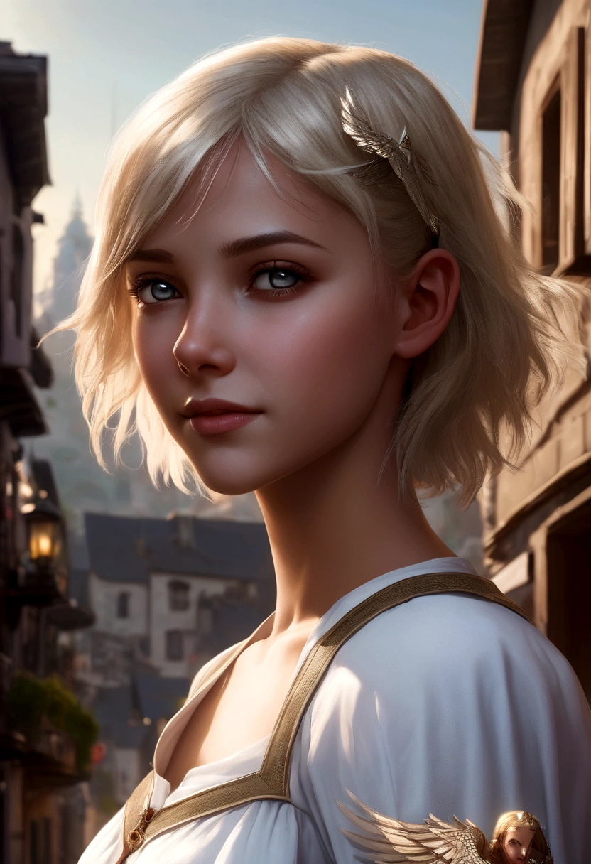 1 girl, european, fantasy, 30 years, she is wearing white skirt, she has blond bobcut hair, she has grey eyes, she is smiling, town in the background, fantasy, realistic, detailed face, she has one angelic big wing white, looking away