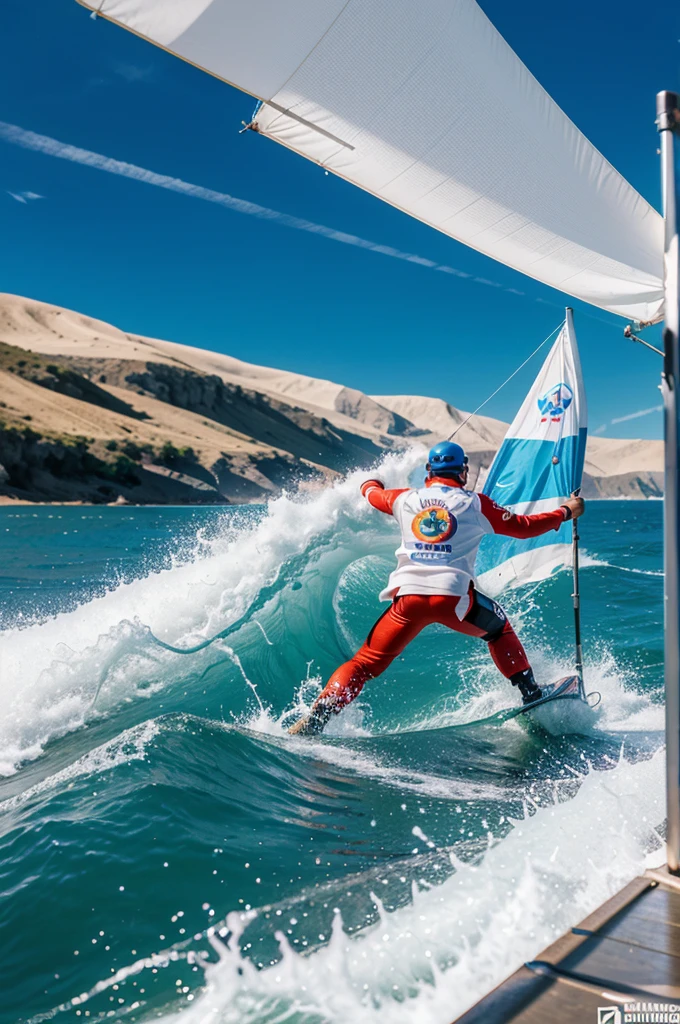 Design a vibrant 3D gaming logo with a stumble guys game character on the back with a light on, in the middle it says "SAILING GEMING”, white logo background