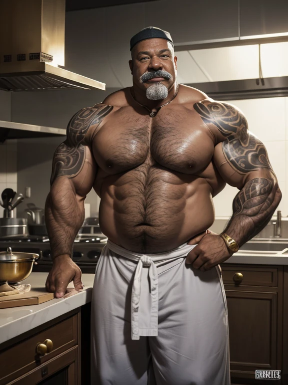 Bare-chested superhero chef extremely old over 80 years old very muscular and fat over 200 kg bare-chested African-American big flaccid pecs huge brown nipples with brass rings. very long gray hair and big gray mustaches with huge tattooed arms in a kitchen wearing white chef pants
