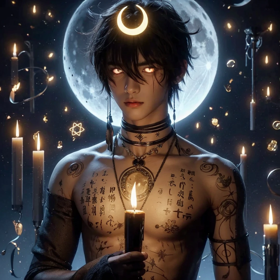 Handsome boy, black hair, bright white eyes, crescent moon on his head, holding black candle, full moon background