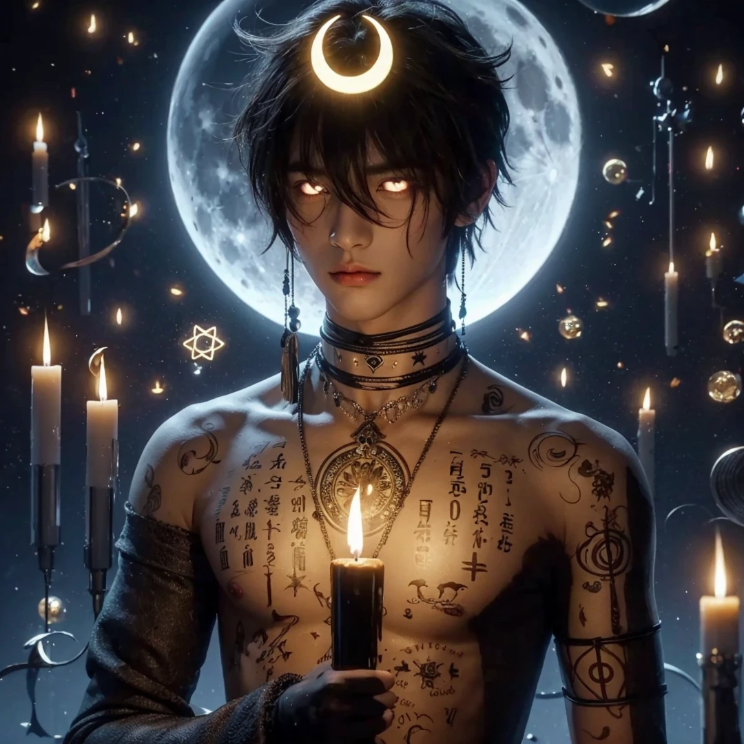 Handsome boy, black hair, bright white eyes, crescent moon on his head, holding black candle, full moon background