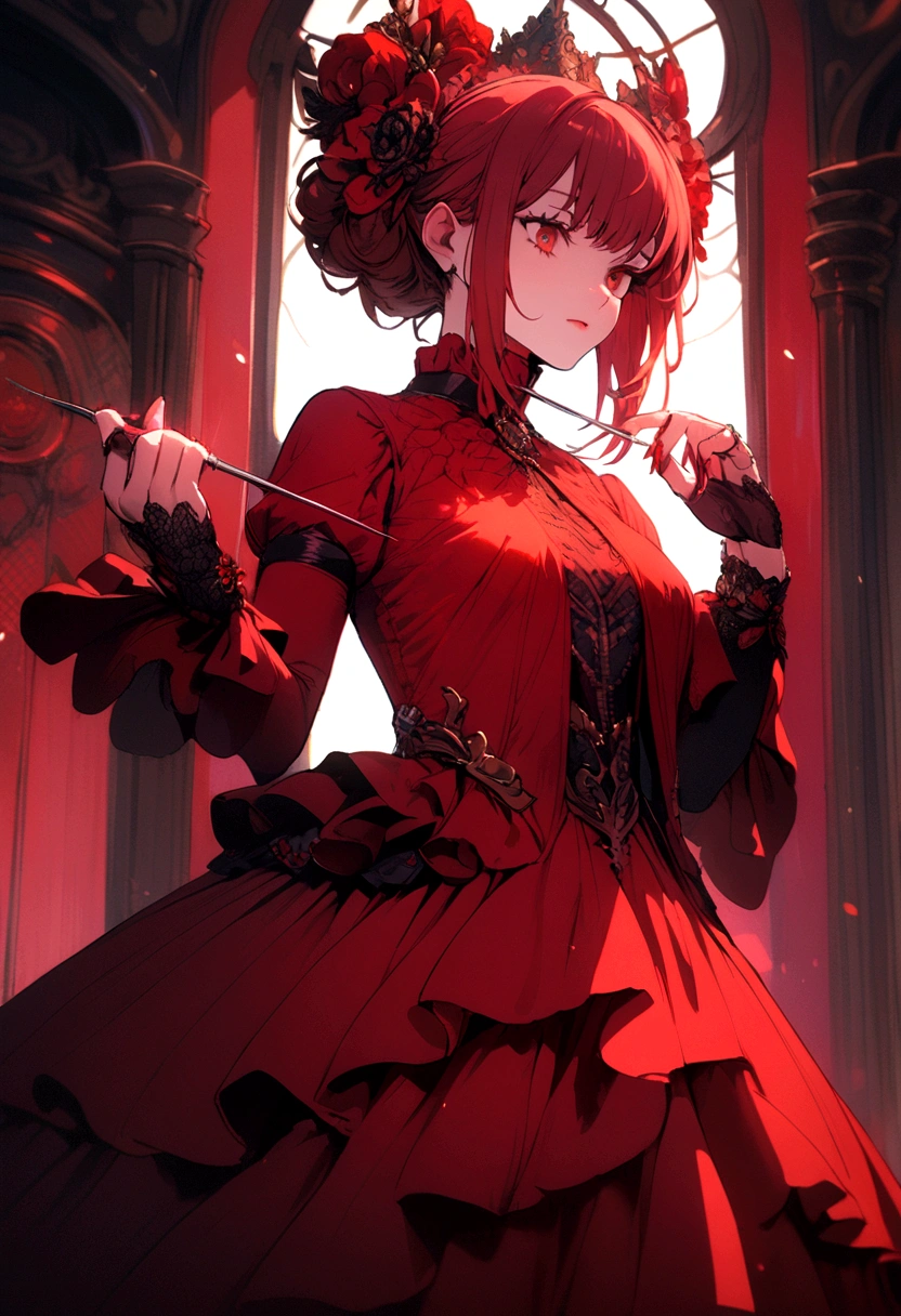 A woman all in red, with needles in her hand