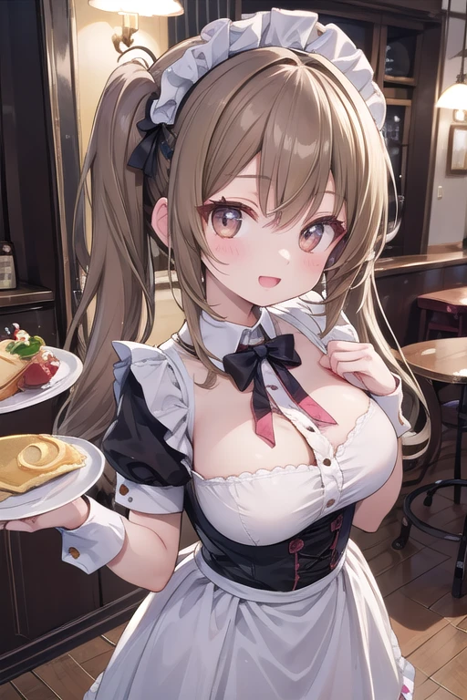 Solo Girl, 16 years old,, Twin tail hair, Light brown hair, Brown eyes, Center of chest, Highest quality, High resolution, Very detailed, Detailed Background, Perfect lighting、Inside the maid café、Are standing,Holding an omelet,Put on the table,Cute maid outfit、very cute,Large Breasts,Cute eyes,Puffy eyes,smile,