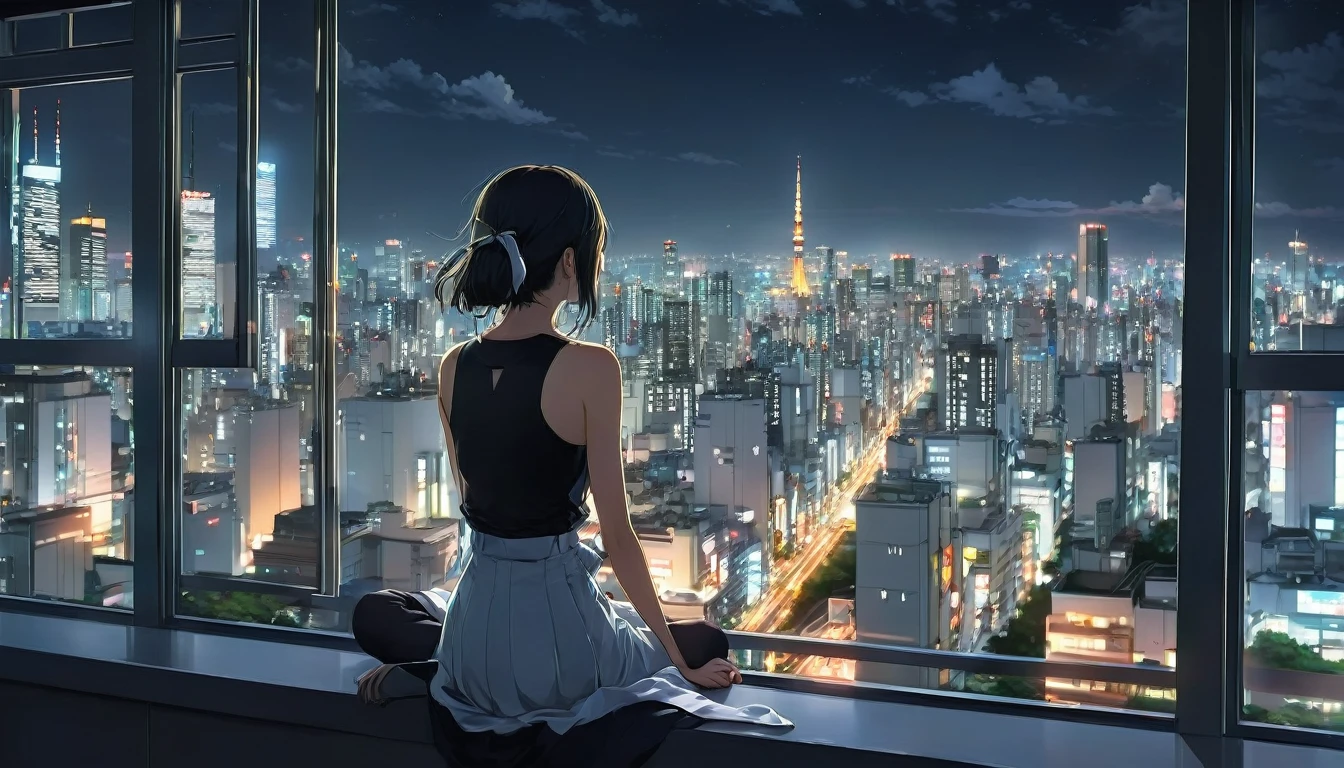 anime girl sitting on a window sill looking out at a city, 4k anime wallpaper, View of Tokyo buildings at night、. anime, anime art wallpaper 4k, anime art wallpaper 4 k, anime art wallpaper 8 k, anime wallpaper 4k, anime wallpaper 4 k, 4K Manga Wallpapers, anime background, anime style 4 k, beautiful anime scene, anime background art