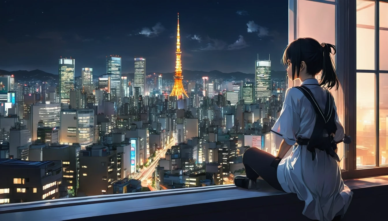 anime girl sitting on a window sill looking out at a city, 4k anime wallpaper, View of Tokyo buildings at night、. anime, anime art wallpaper 4k, anime art wallpaper 4 k, anime art wallpaper 8 k, anime wallpaper 4k, anime wallpaper 4 k, 4K Manga Wallpapers, anime background, anime style 4 k, beautiful anime scene, anime background art