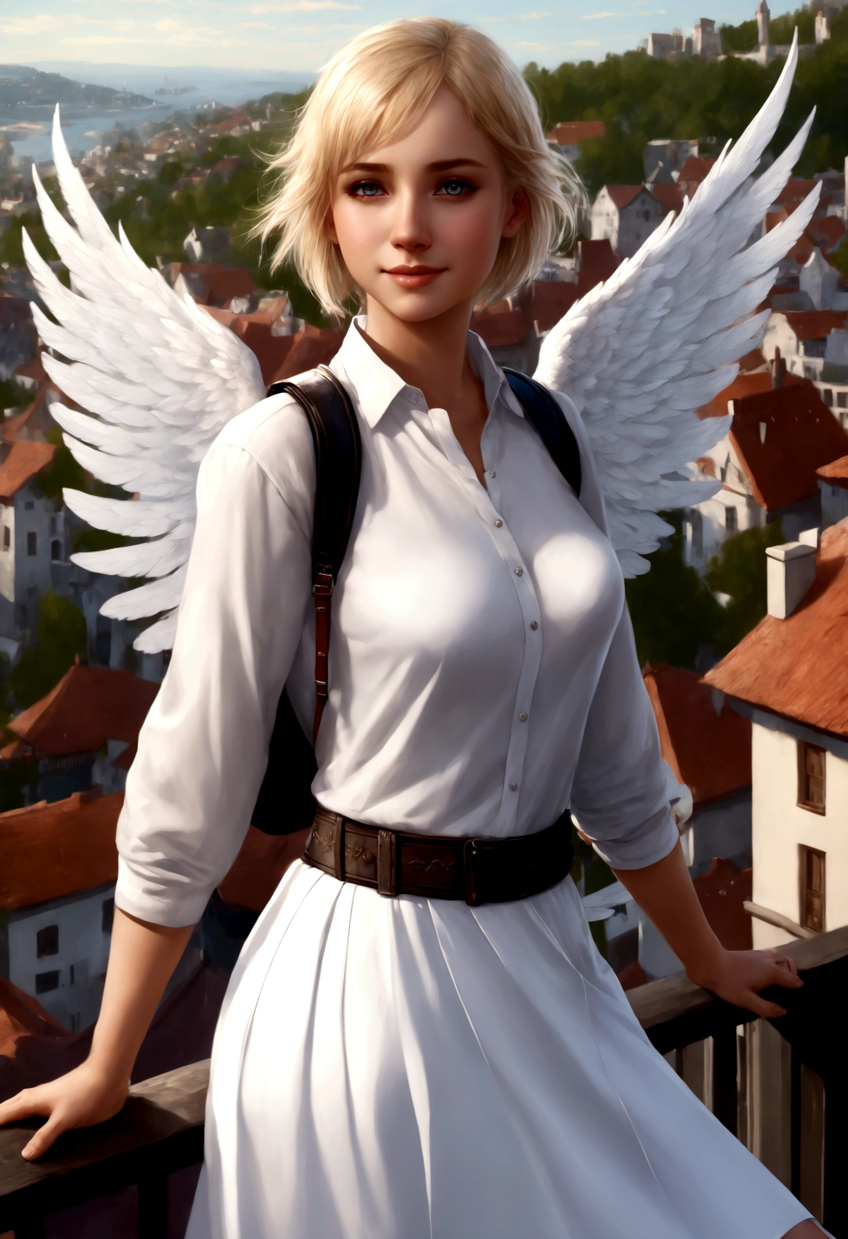 1 girl, european, fantasy, 30 years, she is wearing white skirt, she has blond bobcut hair, she has grey eyes, she is smiling, town in the background, fantasy, realistic, detailed face, she has one angelic big wing white, looking away