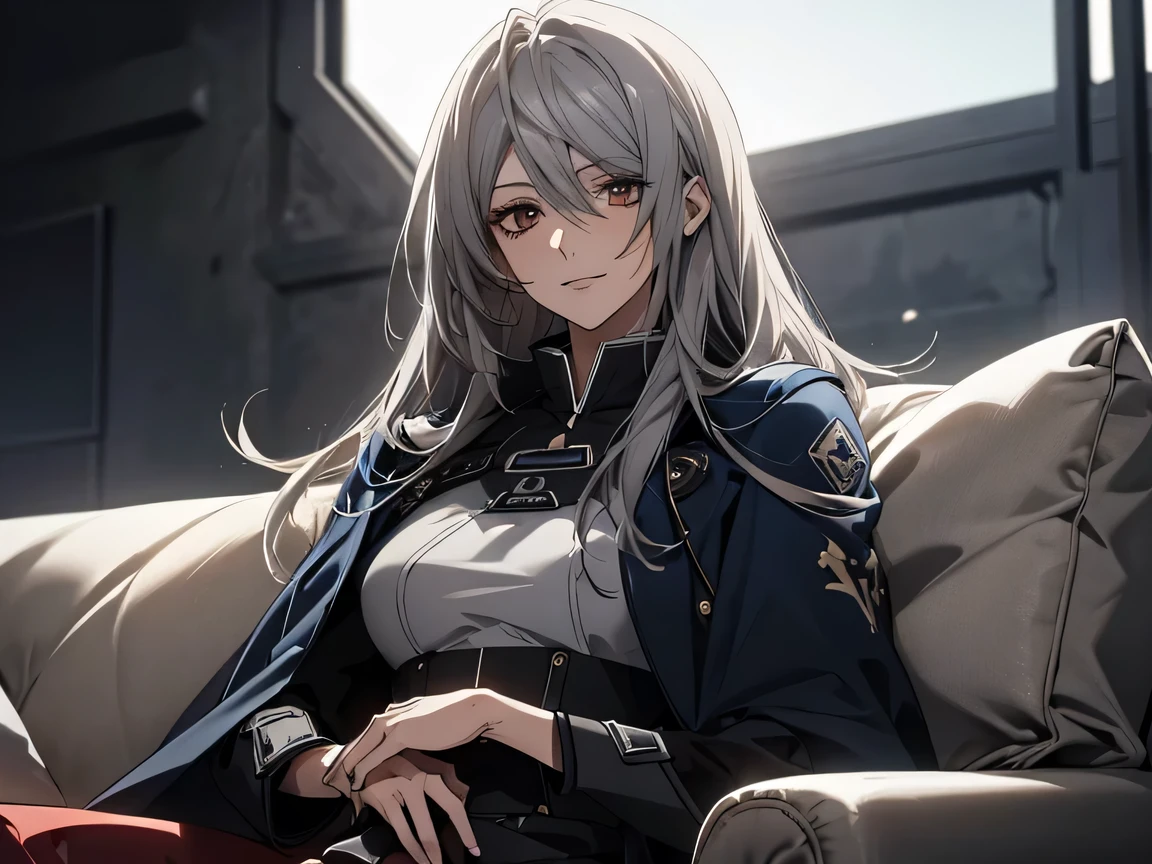 (Confused, High resolution, Very detailed), 1 female, Silver Hair,Long Hair,Reddish brown eyes,Blue and black pilot suit,24th generation,beauty,mature,thin,quiet,Calm,sofa,,Looks happy,White long cloak,Relaxing