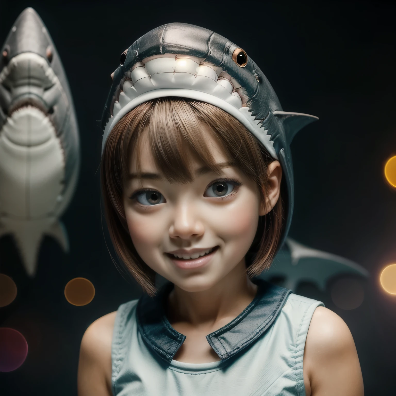 ((Skinny Shark BodySuit, (Stuffed shark head cap)with White Teeth)), 8k, High-level, absurd, masterpiece, best quality, primitive, very detailed CG, very detailed wallpaper, perfect lighting, Extremely detailed ((( personifying " Shark" as a ))), MysticSight, Tyndall effect, Tyndall scattering, (Studio gray background with (Overflowing oodles Dazzling RainbowColorParticles (BokeH))), (Blood Red short hair, RoundlyButts, Leg Fins installed), (Exposed:0.4), (Assfocus with looking ahead) BREAK (Acutance:0.88), (NOGIZAKA face variations) Extremely Detailed very KAWAII face variations, perfect anatomy, Childish, CaptivatingGaze ElaboratePupils detailed Eyes with (sparkling highlights:1.28), (Voluminous LongEyelashes:0.88)、GlossyRED Lips with beautiful details, RosyCheeks, Radiant PearlSkin with Transparency . { (Dynamic LifeLike expressions:1.4) | (:d) }, (large eyes:-1) . ((animal ears:-1.2))