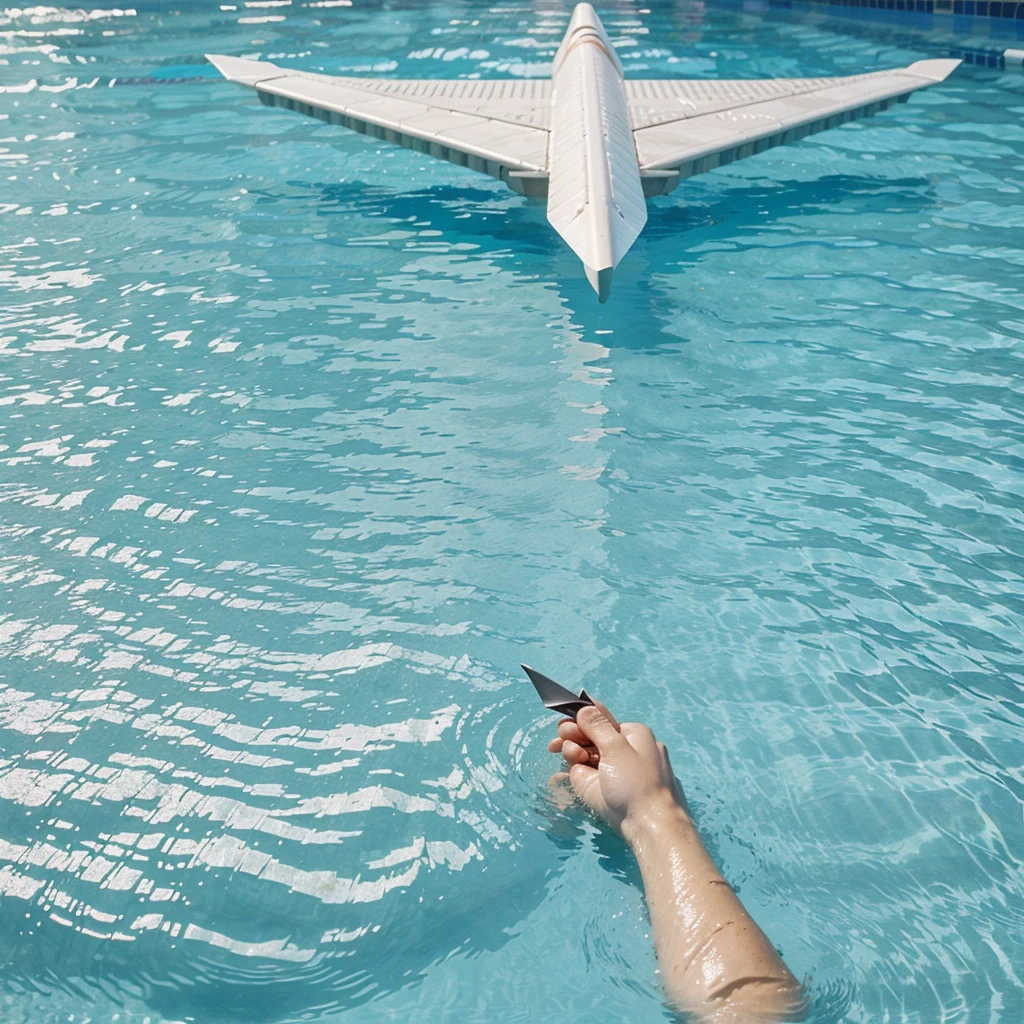 Tight shot image of a paper plane sinking in a swimming pool