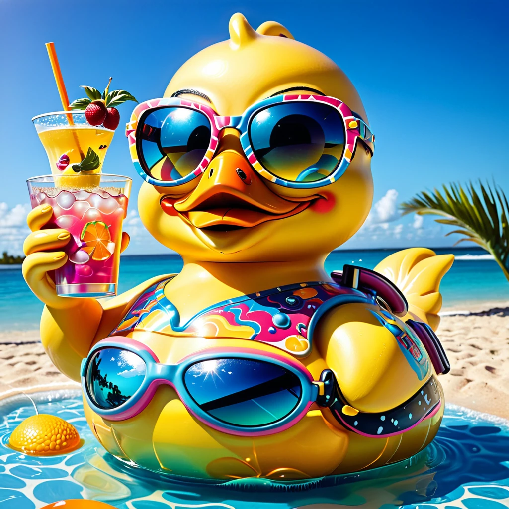 a close up of a rubber duck with sunglasses and a drink, fantasy duck concept portrait, robot duck concept portrait, rubber duck, summer time, rubber ducky, in style of lisa frank, summer swimming party, stylized digital illustration, lisa frank style, kathy zyduck, smooth 3d illustration, smooth 3 d illustration, tropical paradise, summer vibes, beach 