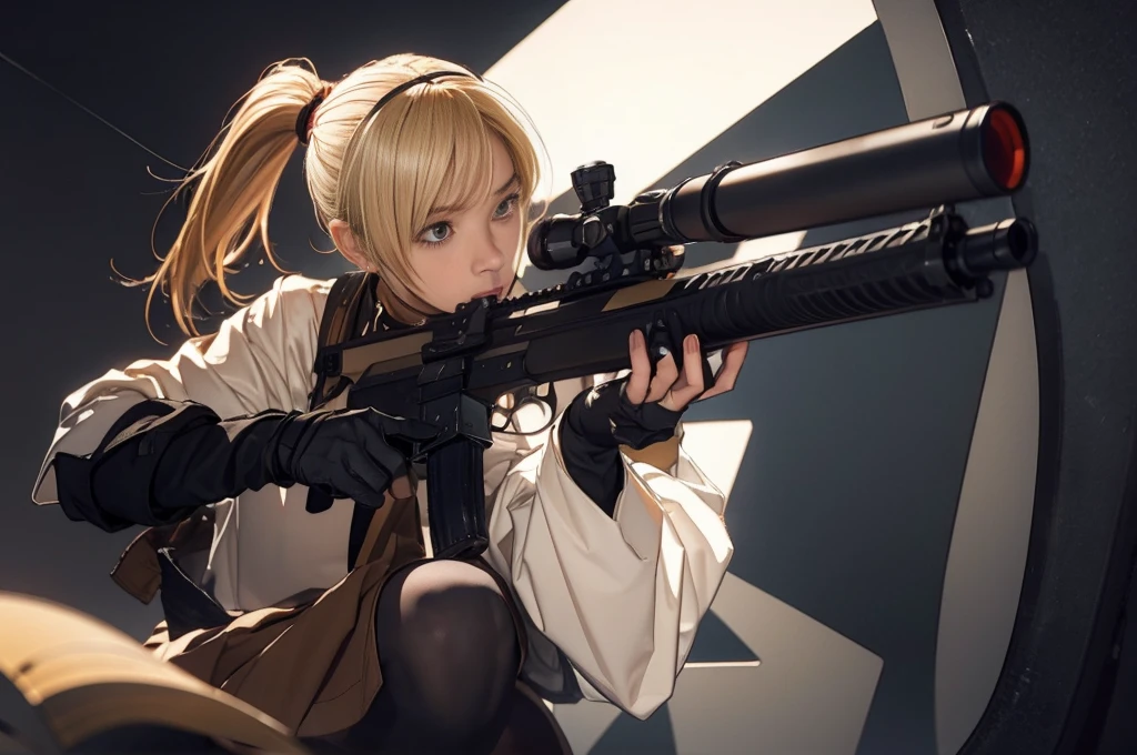 Elaizaikedareal, 1girl, solo, short hair, skirt, blonde hair, red eyes, gloves, ponytail, weapon, pantyhose, hairband, boots, holding weapon, gun, black pantyhose, rifle, one knee, sniper rifle, scope, shell casing