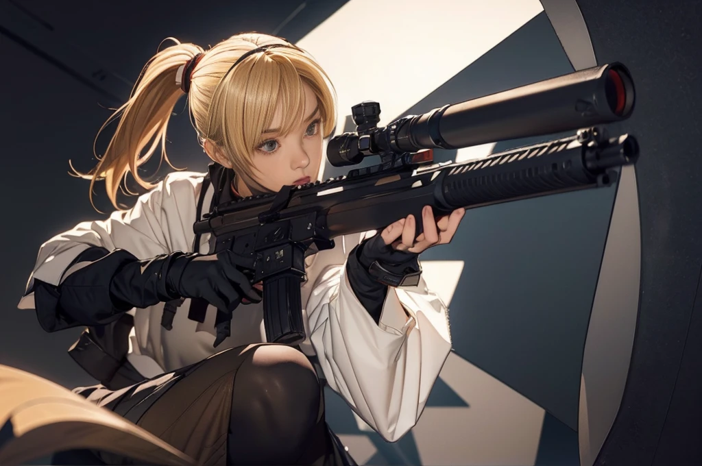 Elaizaikedareal, 1girl, solo, short hair, skirt, blonde hair, red eyes, gloves, ponytail, weapon, pantyhose, hairband, boots, holding weapon, gun, black pantyhose, rifle, one knee, sniper rifle, scope, shell casing