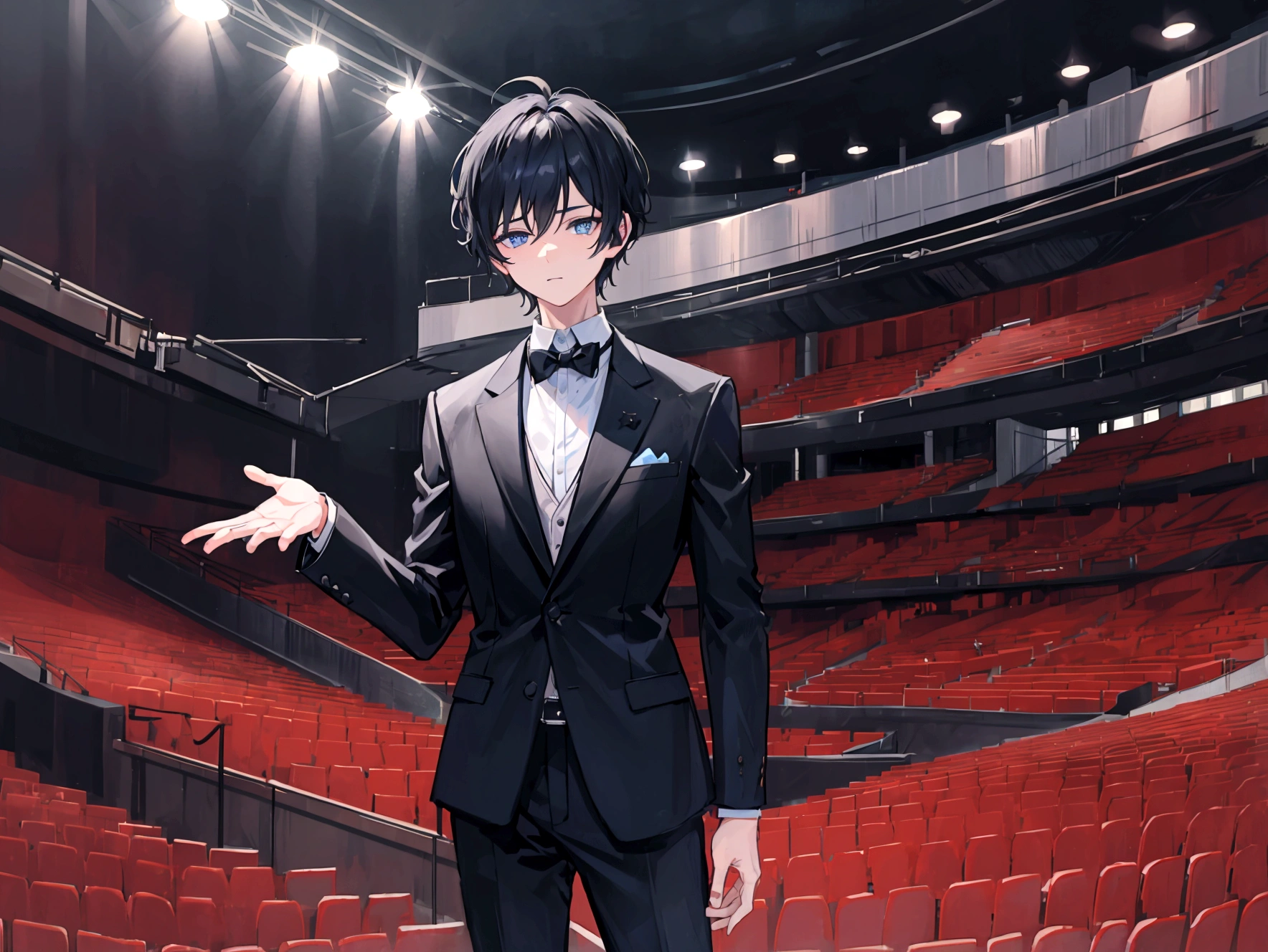 1boy, short black hair, blue eyes, wearing a suite, concert hall, music note on hair, high res, ultrasharp, 8K, masterpiece, looking at viewer